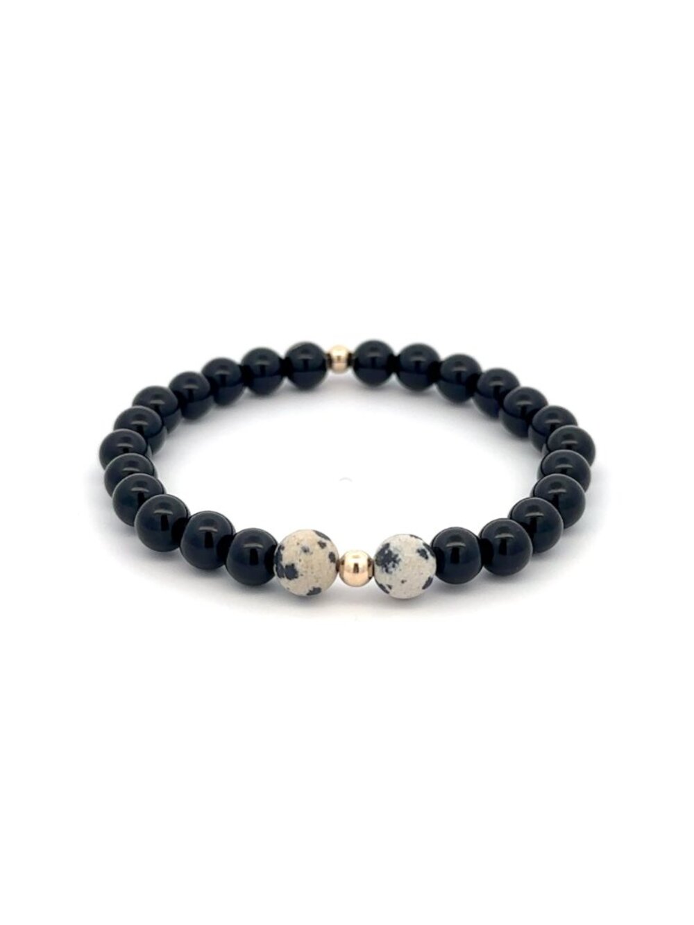 Natural Dalmatian Jasper Onyx 14K Solid Gold Bead Stretch Bracelet